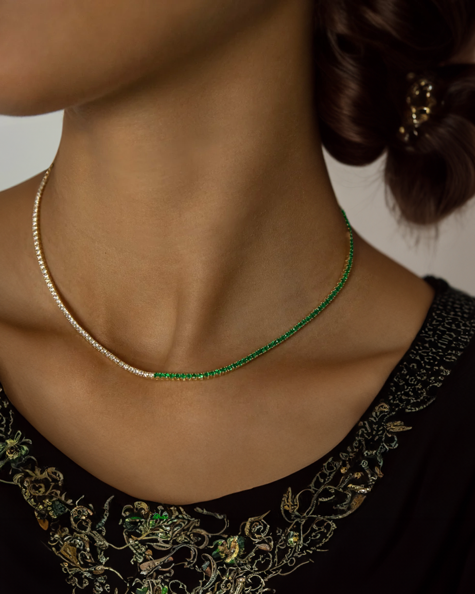 Art of Asymmetry Diamond and Emerald Tennis Necklace